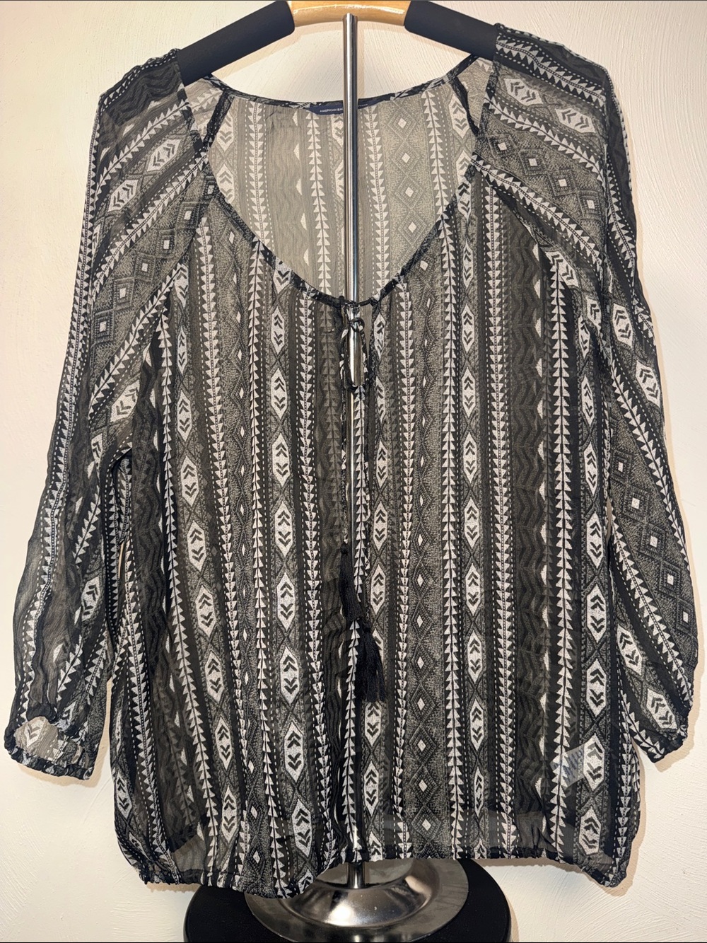 American Eagle Outfitters Black and White Sheer Tie-Front Boho Blouse